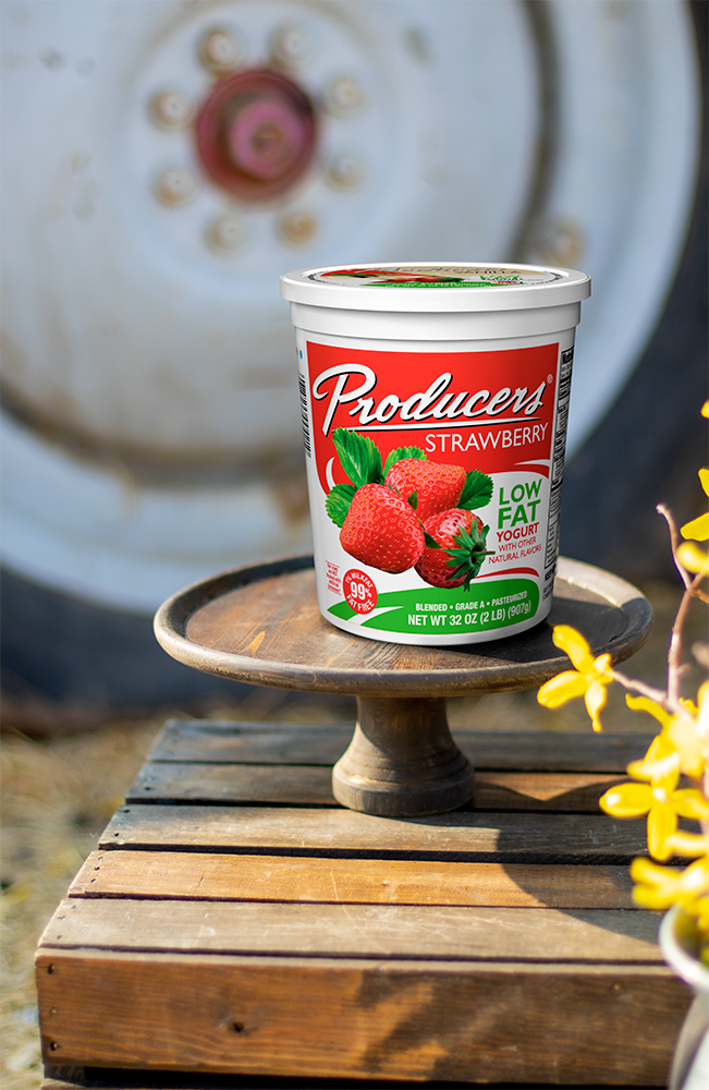 Producers Strawberry Yogurt on a farm