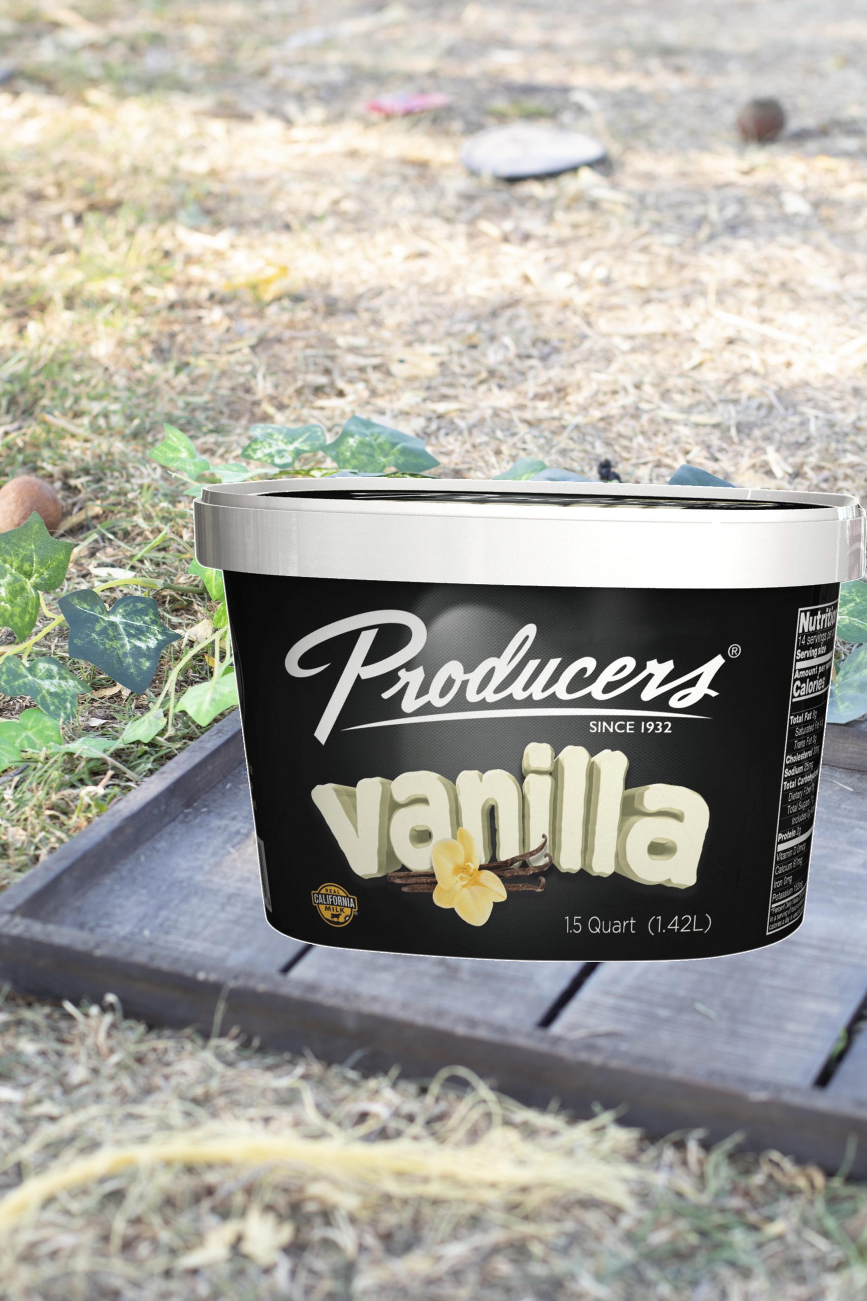 Vanilla Producers Ice Cream Container sitting on wood on top of grass.