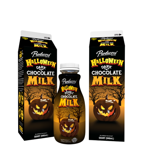 Quart Carton and 11 oz bottle of Halloween double chocolate milk