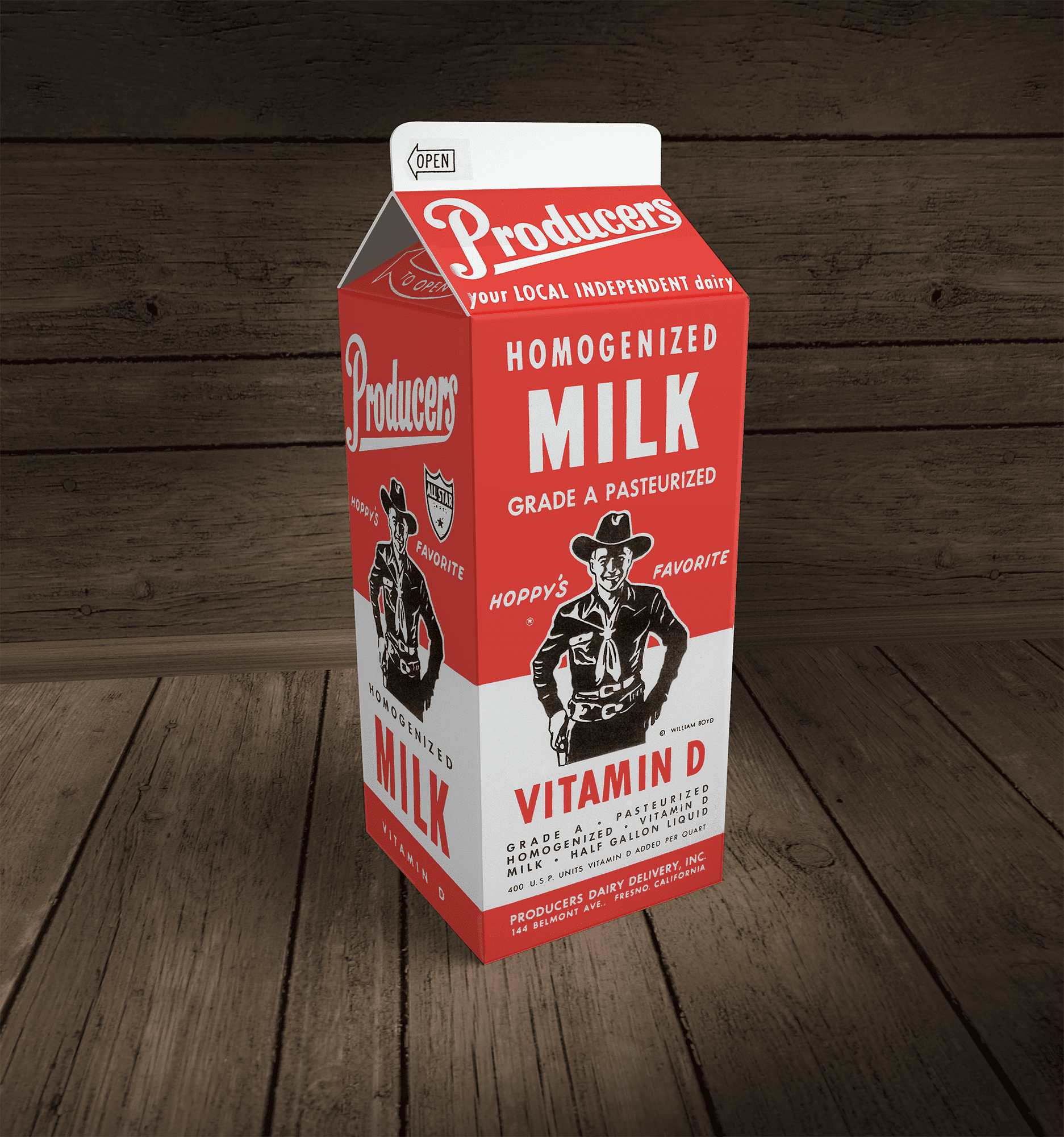 Vintage Producers Dairy Whole Milk Half Gallon Carton on a wood background.